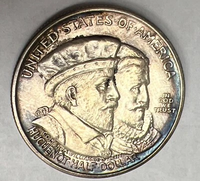 1924 50c Huguenot Walloon Silver Commemorative Half Dollar Rainbow Toning - Image 1 of 4
