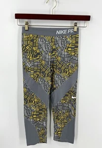 Nike Pro Girls Size XL Gray Yellow Athletic Workout Leggings Pants Cropped Capri - Picture 1 of 4