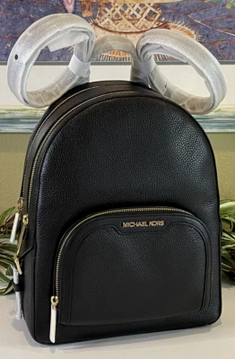 MICHAEL KORS JAYCEE MEDIUM ZIP POCKET BACKPACK BAG TOTE MK BLACK LEATHER GOLD - Image 1 of 4