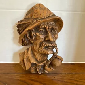 Carved Figure Man Smoking Pipe Wall Hanging - Picture 1 of 5