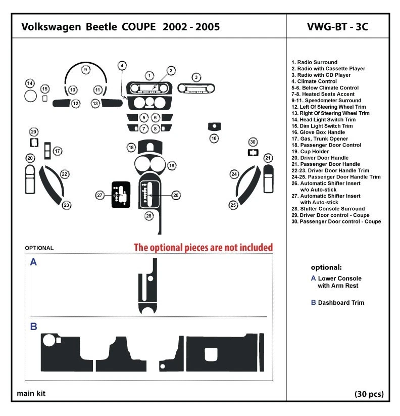 Kit de molduras de tablero de fibra de carbono real interior para Volkswagen Beetle Coupe 2002-2005 Foto 1 de 1