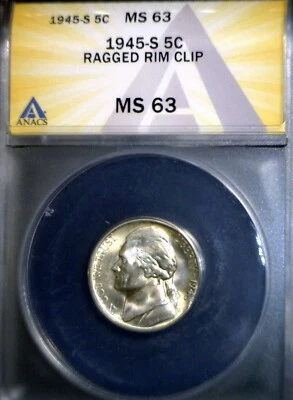 1945s ERROR ANACS MS63 Ragged Clip Jefferson Nickel SILVER Clipped Coin NR - Image 1 of 4