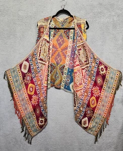 Mexican Style Poncho Boho Shawl Wrap Fringe Aztec Size Large ? - Picture 1 of 10