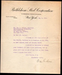 1916 Charles Schwab - The STEEL KING - Bethlehem Steel signed Letter head - Picture 1 of 2