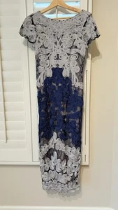 NEW- JS Collection Blue grey embroidered Jackie Soutache Lace Midi Dress, Sz 2 - Picture 1 of 19