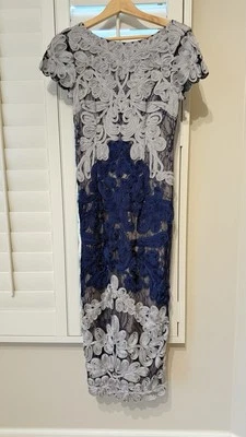 全新 - JS Collection 蓝色灰色刺绣 Jackie Soutache 蕾丝迷笛连衣裙,尺寸 2 — 第 1/4 张图片