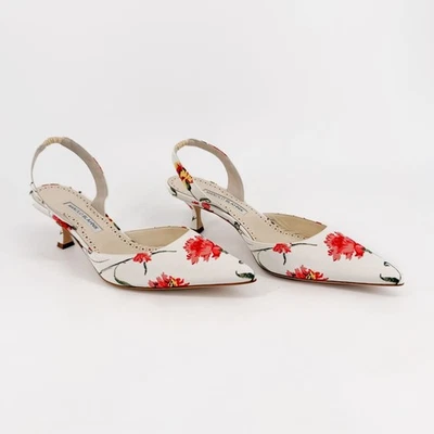 Manolo Blahnik Carolyne 50 Floral Slingback Kitten Heels White Size 40.5 US 10.5 - Image 1 of 4