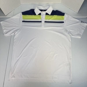 FootJoy FJ Polo Golf Shirt MENS Large Blue Yellow White Stripe Polyester/Spandex - Picture 1 of 8