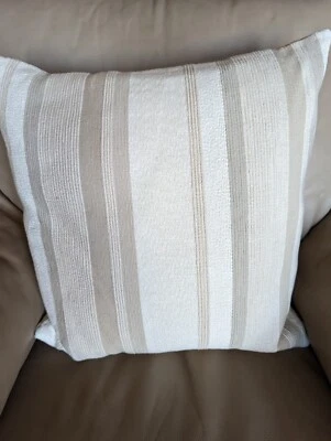 Ralph Lauren Tan & Cream Nubby Canvas Stripe Throw Pillow With Insert New - Image 1 of 4