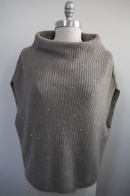 NUEVO BRUNELLO CUCINELLI Taupe Lentejuelas Esparcidas Cachemira Seda Poncho Suéter XL Foto 1 de 4