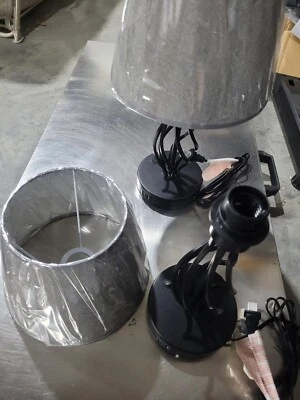 Conjunto de 2 abajures de mesa de cabeceira com portas USB duplas gaiola espiral de metal com sombra cinza - Imagem 1 de 4