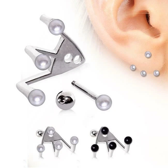 316L Surgical Steel Ear Cartilage Lobe Earring Trident Triple Round Pearls 16G - Image 1 of 1