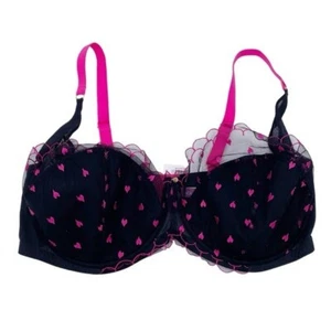 NEW Adore Me Bettie Contour Plus Balconette Bra Black Mesh Pink Hearts Size 44G - Picture 1 of 9