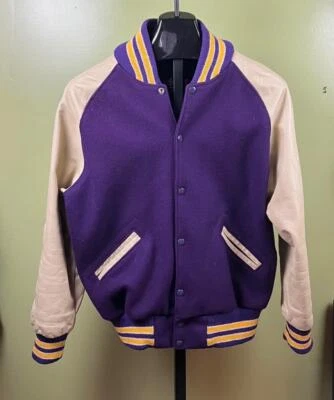 Jaqueta NELSON Letterman tamanho médio roxa anos 70 vintage lã e couro - Imagem 1 de 4