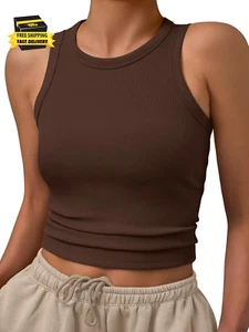 Womens Tank Tops Summer Fashion 2025 Workout Ribbed Sleeveless High Neck Beach V - Picture 1 of 5