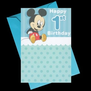 Tarjeta de cumpleaños de Mickey Mouse feliz primer cumpleaños con sobre expresiones de sello - Imagen 1 de 3