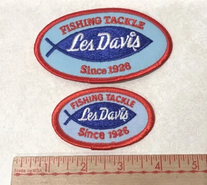 LOT OF 2 LES DAVIS TACKLE Fishing Embroidered Clothing Hat Cloth Badge Patch NEW - Picture 1 of 3