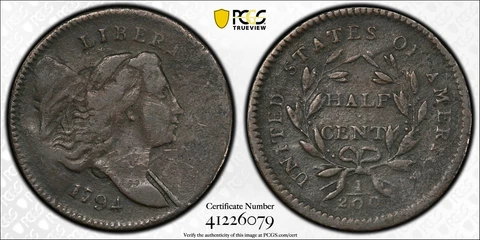 1794 P Liberty Cap Half Cents, Head Facing Right PCGS Genuine - VF Details (98 Cover