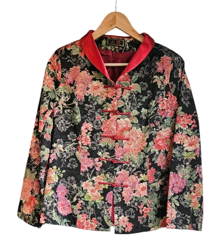 Blazer Asiático Mujer Talla XL Rosa Negro Floral Rana Botones Cuello Oriental Foto 1 de 4