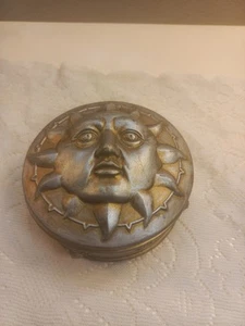 Round Sun Face Celestial Trinket Jewelry Stash Box Distressed Silver & Gold VTG - Picture 1 of 12