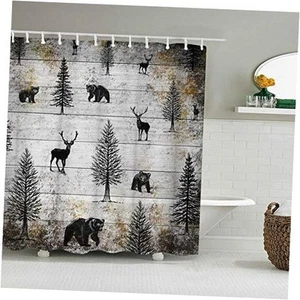 Rustic Cabin Shower Curtain Black White Wild Animal Bath Curtain Deer Bear - Picture 1 of 7