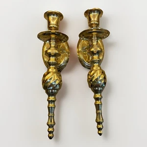 Vintage Mid Century Elegant Pair 2 Solid Brass Wall Candle Holders Sconces 11" - Picture 1 of 8