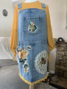 Upcycled Mango Bib/Brace Hand Sewn Bees Floral Hobo Boho Hippy Nature + Blouse - Picture 1 of 12