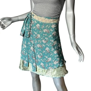 Boho Sari Reversible Wrap Around Skirt Teal Green Short Length Silk Blend - Picture 1 of 13