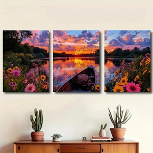 3pcs River at Dusk Peaceful Landscape Wall Art Canvas Unframed/Framed - Picture 1 of 8