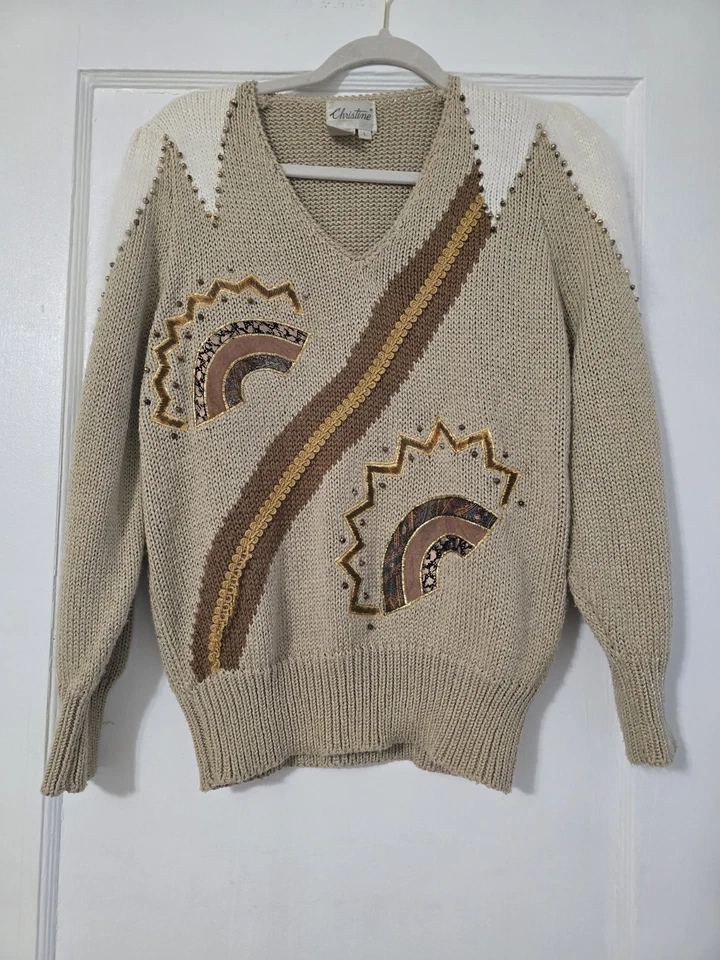 Suéter Vintage Christine Manga Larga Cuentas Adornado Crema Talla L *defectos* Foto 1 de 4