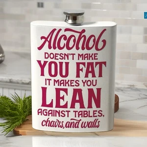 Individuell bedruckter 8 Unzen Flachmann "Alkohol macht dich nicht dick rosa Vinyl bedruckt NEU - Bild 1 von 9