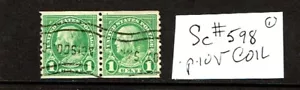 1923-9 U.S Rotary 1c Green Franklin COIL PAIR p.10v Sc#597 Used - Picture 1 of 1