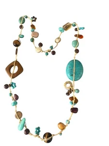 Handmade Boho Chic Turquoise Beads Necklace Wood Shell Semi Precious Stones 26" - Picture 1 of 4