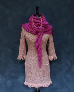 Sonia Rykiel Paris Pink Tweed Sequined Fringe Dress 10 NWTs - Picture 1 of 17