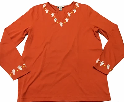 Camisa feminina Halloween tamanho S pequena bordada laranja com fantasmas - Imagem 1 de 4