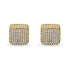 Square 3D Hip Hop Earrings Iced Out Yellow Tone, Simulated Cz Stud Screwback 925