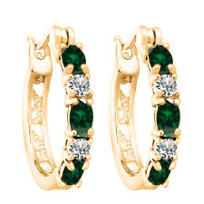 2.1CT Simulated Emerald Hoop Earrings with Diamonds 14K Yellow Gold Plated Women