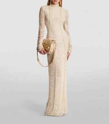 $6695 New BALMAIN Long  Sleeve  Allover Ropes Knit Maxi Dress Gown Beige 36 - Image 1 of 4