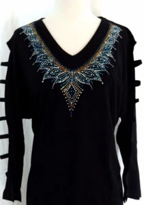 PLUS 1X Hand Embellished Rhinestone Blue Silver Gold Jeweled Tunic Neckline Top  - Picture 1 of 6