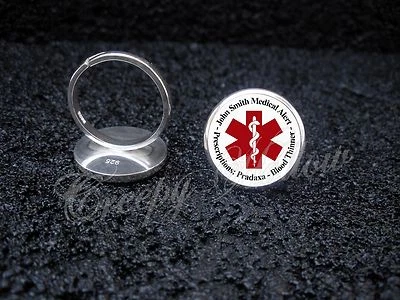 925纯银可调节戒指医疗警报您的定制文字 — 第 1/3 张图片