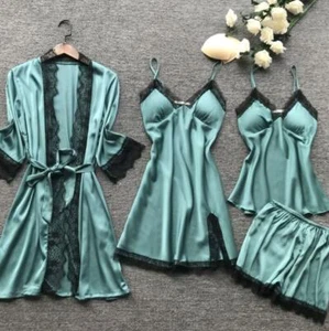 Women Pajamas 4 Pc Sets Satin Sleepwear Faux Silk Sleep Lace Dress Nightwear - Picture 1 of 13