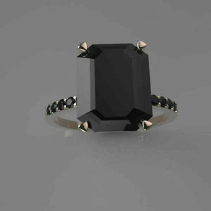 9 Ct. Emerald Cut Black diamond Solitaire Engagement Ring With Certified - Picture 1 of 6