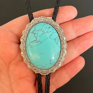 Collar de boda Western vaquero piedra turquesa para hombre bolo lazo aleación cuero cuerda - Imagen 1 de 11
