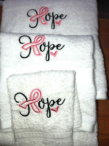 Embroidered White Bathroom Bath Hand  Wash Cloth Set Hope Cancer Awareness