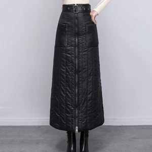 Jupe longue femme moulante slim rembourrée matelassée ceinture fermeture éclair poche chaude hiver douce - Photo 1/8