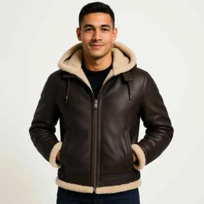 Men Bomber Hooded B3 Aviator Flying Fux Fur Shearling Real Leather Jacket Coat - Image 1 of 4