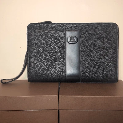 BURBERRYS Black Tumbled Leather Clutch Wristlet With Nova Check Plaid Lining - Image 1 of 4