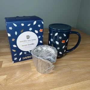 NEW Davids Tea Whimsical Nordic Mug, Lid, Infuser Forest Fall Leaves Fox Cobalt - Imagen 1 de 16