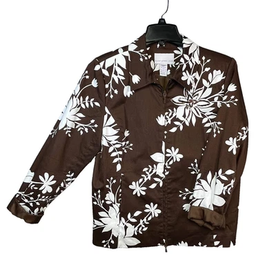 Blazer Susan Graver Mujer’s M Marrón Floral Cuentas Boho Botón Frontal Chaqueta Foto 1 de 4