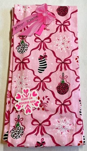 BETSEY JOHNSON ASCIUGAMANI DA CUCINA (2) ROSA FIOCCHI DI NEVE ORNAMENTI CALZE NUOVI CON ETICHETTE - Foto 1 di 2